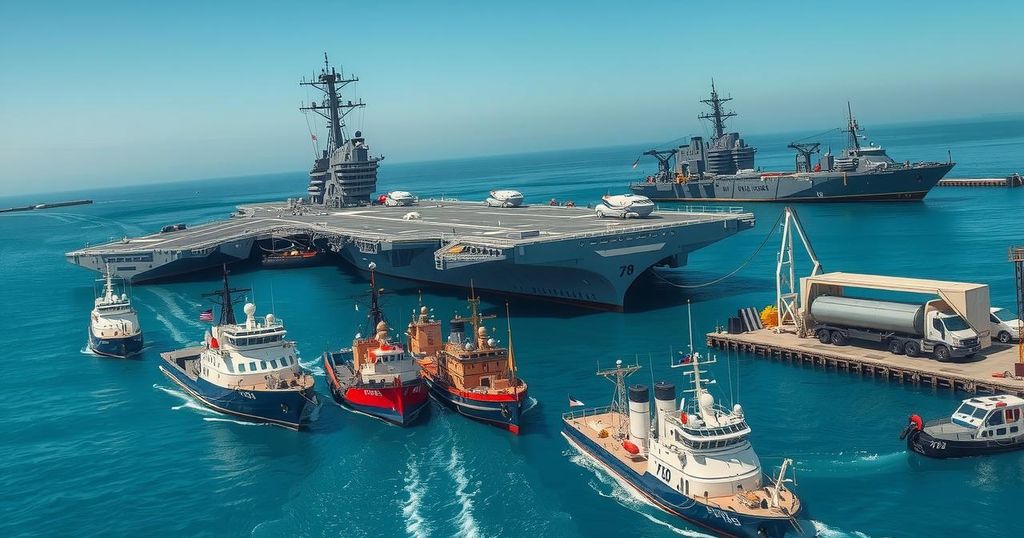 A majestic aircraft carrier visiting Hong Kong harbor, surrounded by escort vessels, showcasing naval strength.