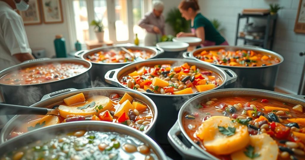 Vibrant pots steaming with colorful soup ingredients representing community cooperation and compassion on Mandela Day.