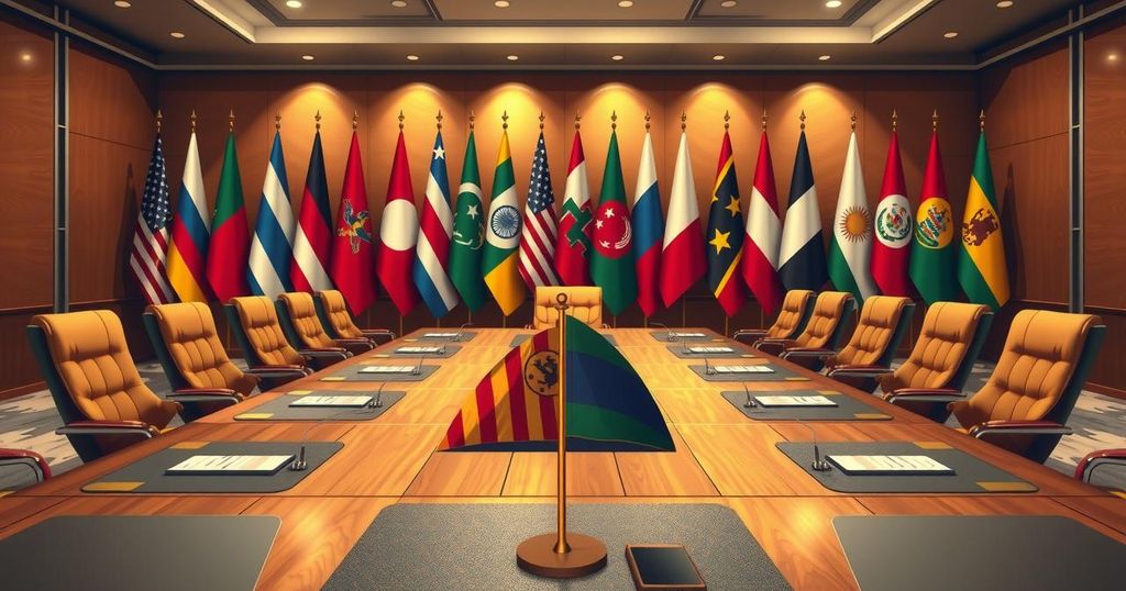A political exchange scene emphasizing discussion and diplomacy, with warm tones highlighting conversation and engagement.
