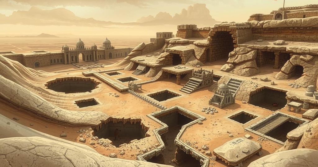 A barren landscape in an ancient city, showcasing holes from treasure hunting, with muted earth tones and shadows.