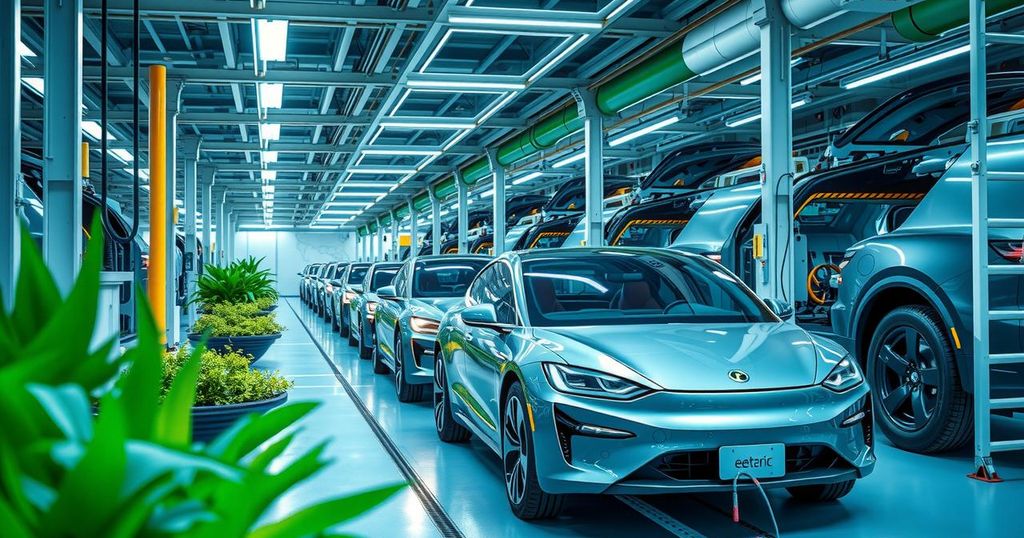 Assembly of electric vehicles at a factory in Brazil with a modern design and eco-friendly concept.