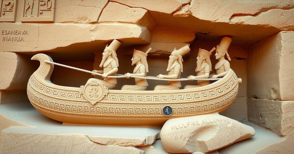 Ancient rock carving depicting a seated figure on a boat, showcasing early Egyptian culture and artistry.