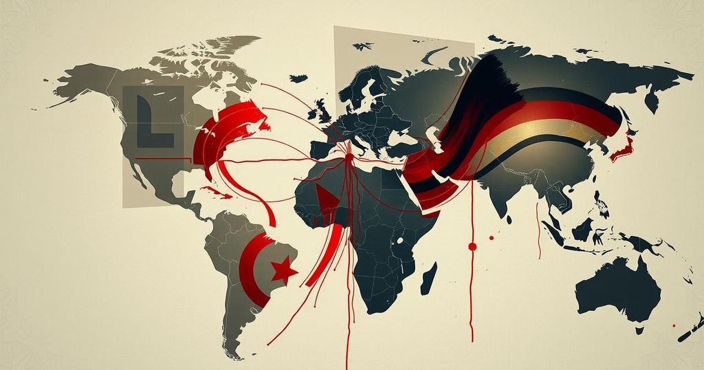 A stylized illustration of a political landscape with abstract shapes and a muted color palette, depicting international tension.