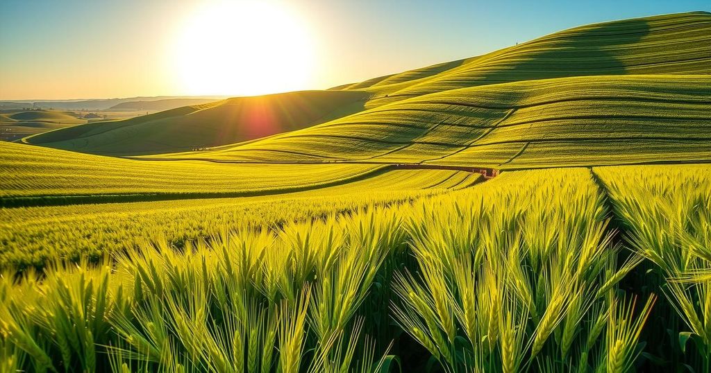 Vibrant wheat and soybean fields in Argentina under bright sun, representing agricultural growth and prosperity.