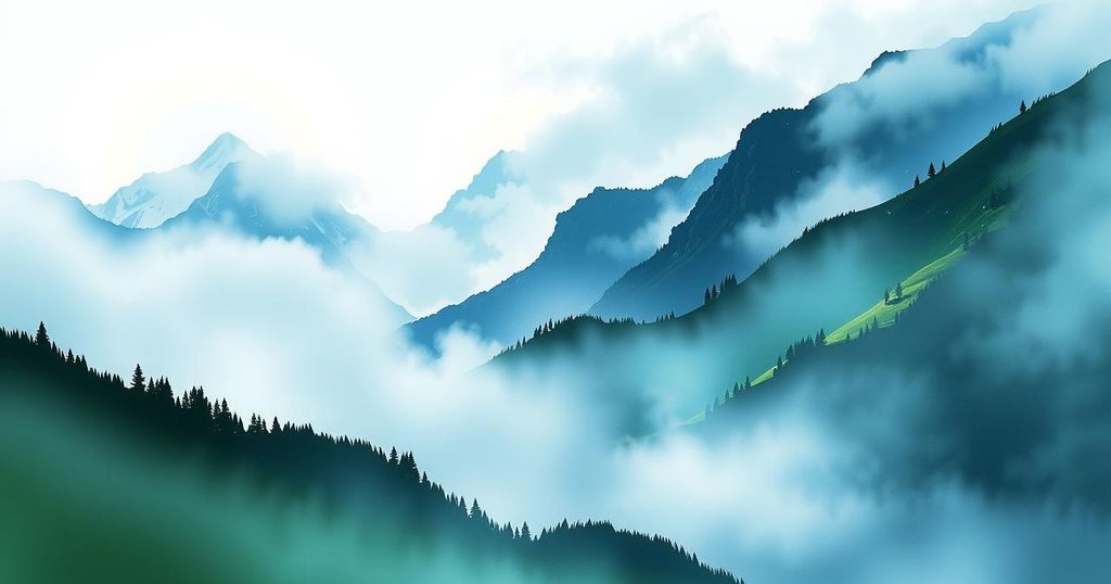 Himalayan landscape with misty mountains and lush greenery, symbolizing a sacred pilgrimage.