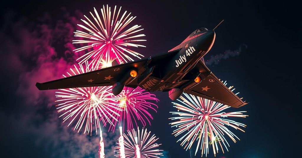 B-2 Spirit bomber soaring over a festive July 4th celebration with fireworks, showcasing military aviation and Independence Day spirit.