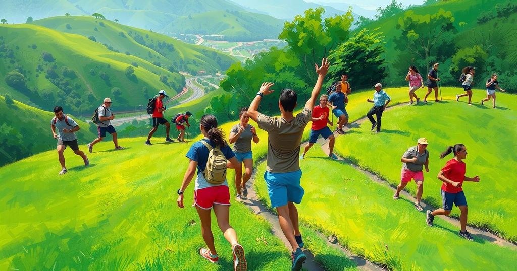 Vibrant outdoor hiking scene in Abuja, featuring green hills, exercise activities, and lively gatherings.
