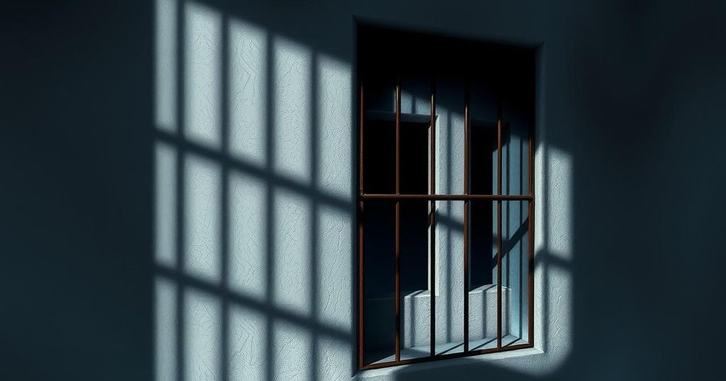 A prison setting with a barred window casting shadows, symbolic of confinement and secrecy, in muted colors