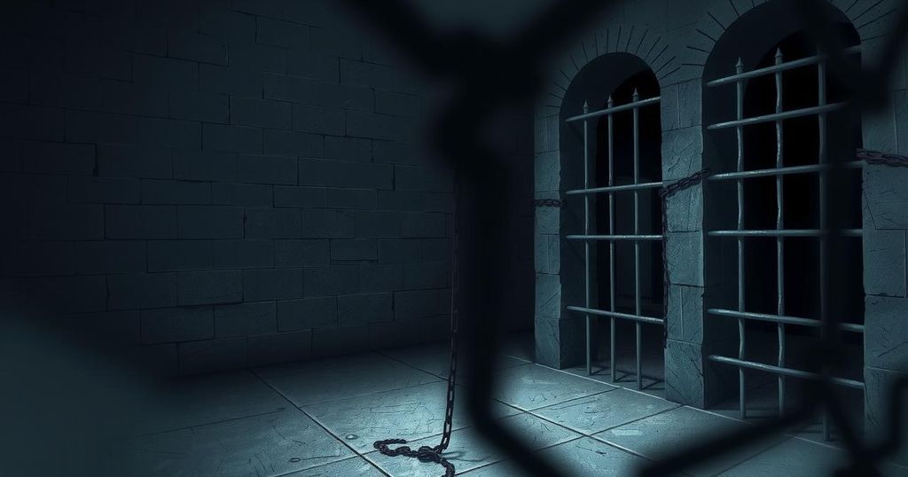 A somber illustration of a dark prison cell with shadows and metal bars, symbolizing confinement and despair.