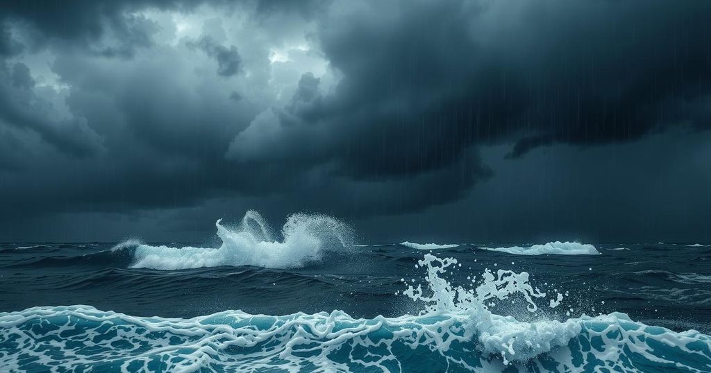 Dark storm clouds gather over turbulent ocean waves, with heavy rain pouring down, embodying a tropical storm scene.