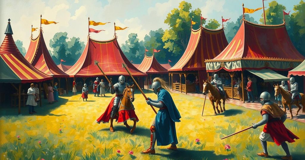 A vibrant scene of medieval jousting at a festival with colorful tents and decorated stalls.