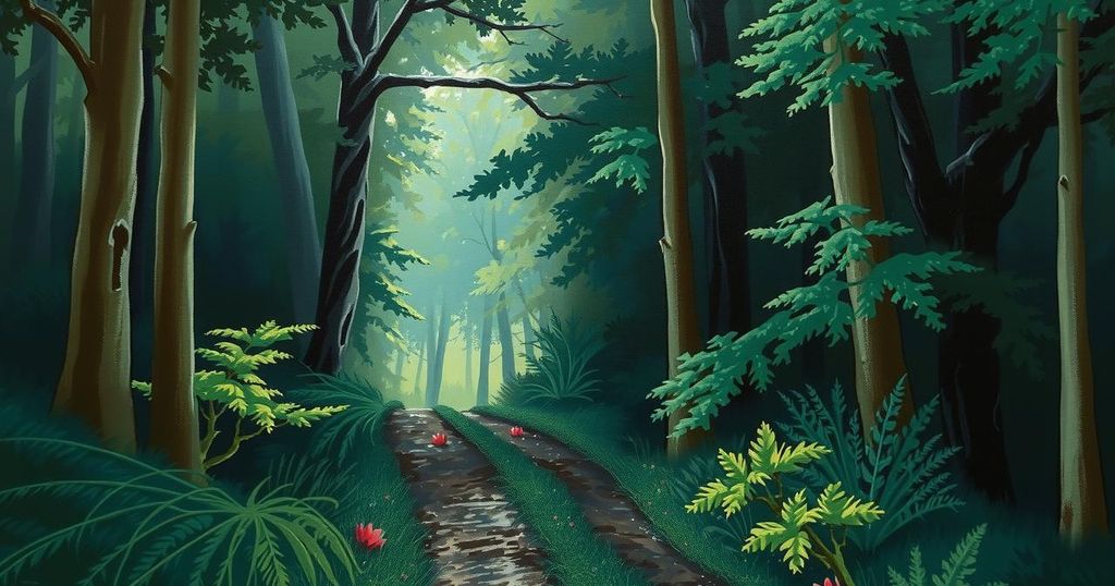 A dense, dark forest path symbolizing escape, with shadows and muted earth tones conveying a sense of danger and serenity.