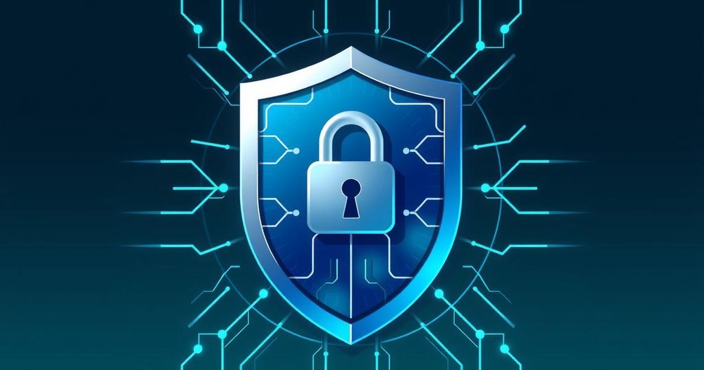 A concept of digital data privacy, featuring a locked data symbol surrounded by a shield, in a minimalist style.