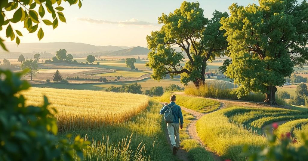 A vibrant political campaign setting with greenery and open spaces, symbolizing community engagement and progress.