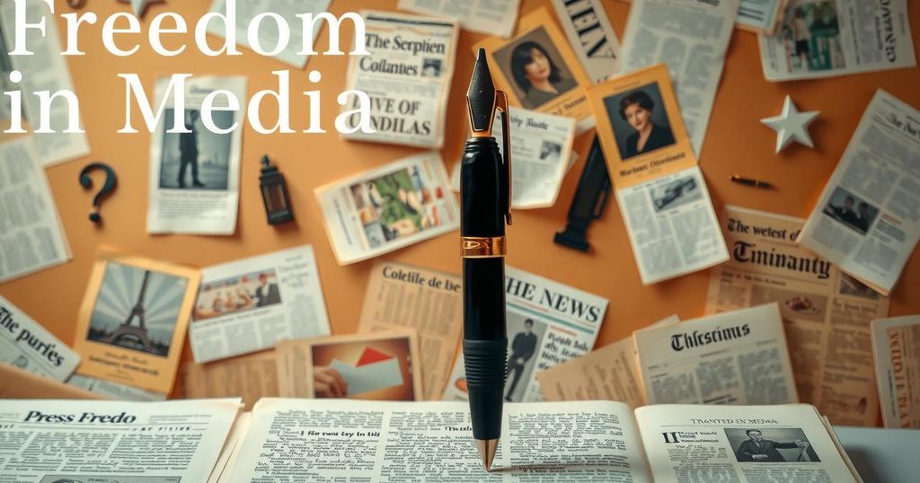 Silhouette of a pen against a backdrop of a muted collage, symbolizing press freedom and women in media advocacy.