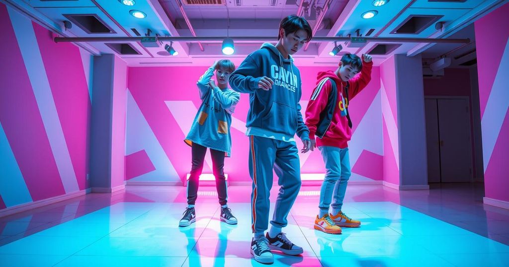 Two North Korean K-pop stars training in a studio with bright colors and energetic atmosphere.
