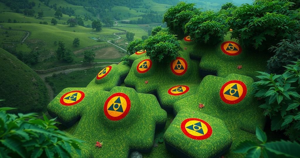 A scenic view of a lush green landscape disrupted by signs of landmine hazards, symbolizing hope and community safety.