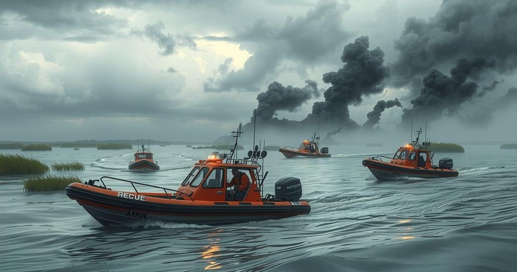 A dramatic Texas flood rescue scene with rescue boats and tools amidst a swirling floodwater landscape, under gray clouds.