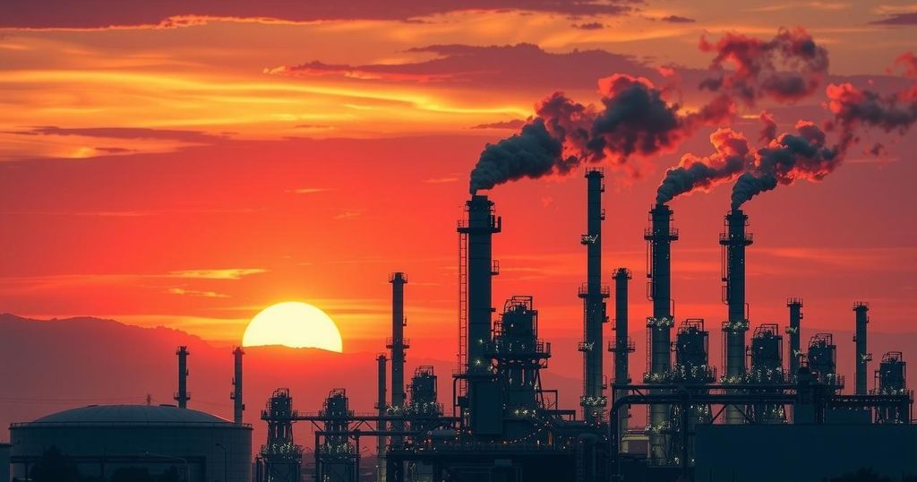 A dramatic view of an oil refinery at sunset, symbolizing the changes in Argentina's oil industry under legal pressure.
