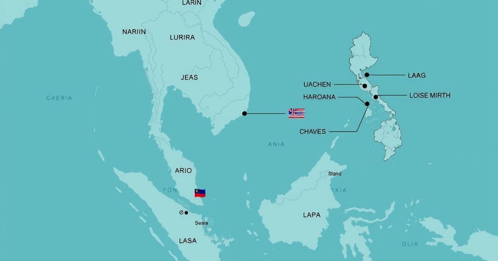 A map highlighting Laos with military symbols symbolizing support for a foreign nation, using cool colors.