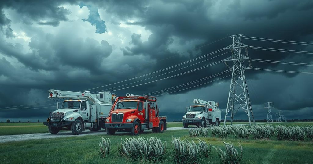 Storm preparation scene with utility trucks and equipment near power lines in a stormy sky setting