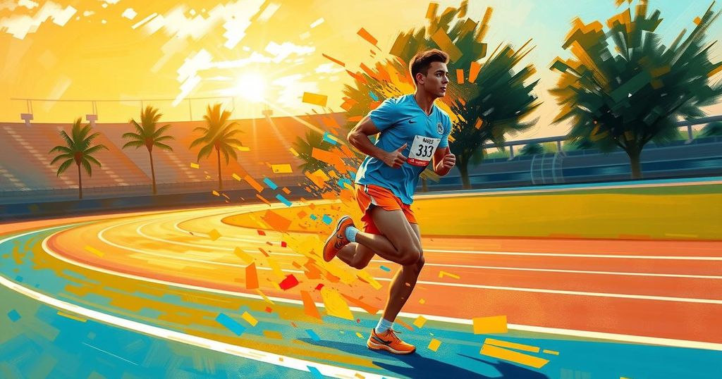 A runner in motion during a race, depicting speed and determination against a vibrant sunset sky.