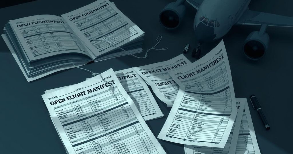 Flight manifest pages highlighting critical immigration issues, shadowed by a darkened background representing uncertainty.