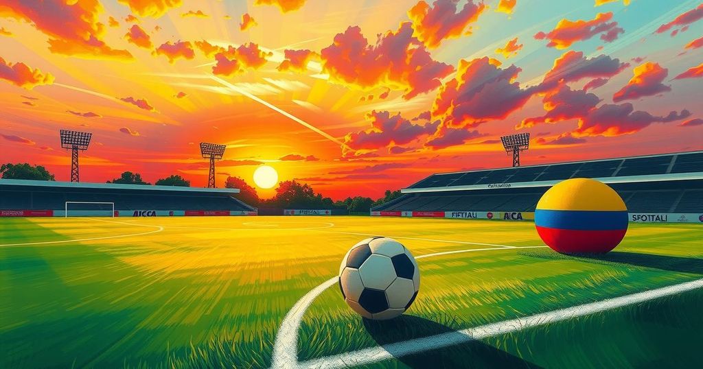 Soccer field with vibrant green grass and a Colombian flag motif, while a bright sunset casts warm light.
