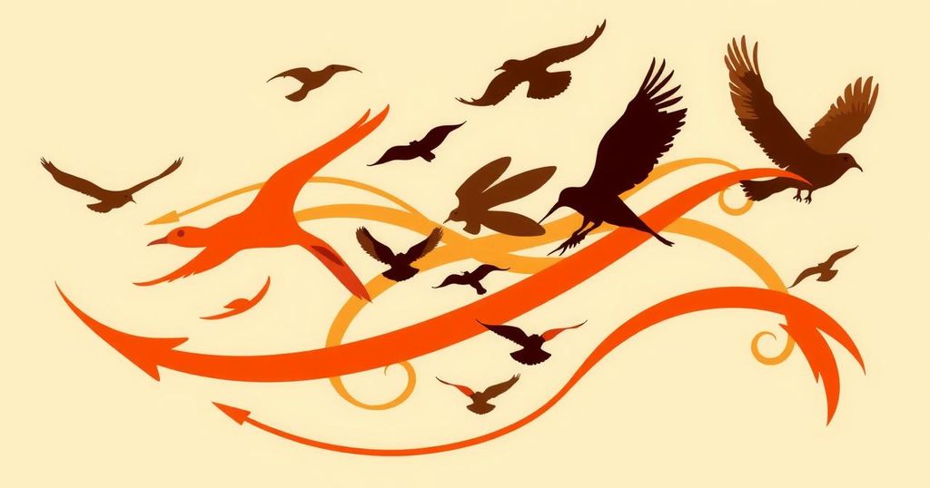 An abstract representation of migration, featuring stylized arrows and silhouette shapes in earthy tones.