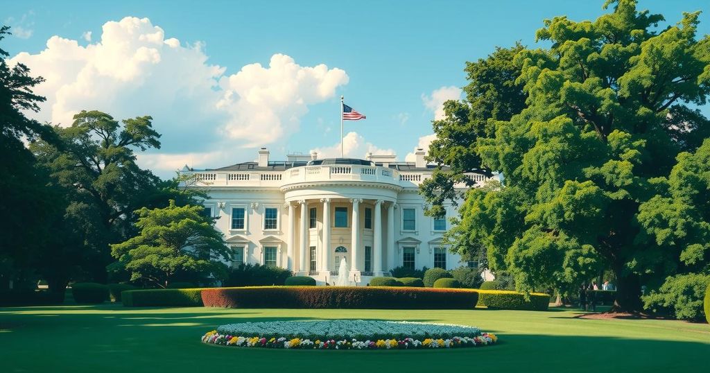 A scenic view of the White House during a sunny day, reflecting diplomatic relations and international politics.