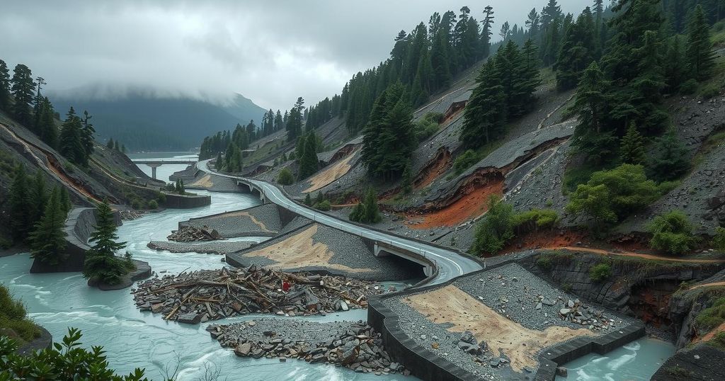 Devastation from heavy rains causing floods and landslides in Himachal Pradesh's mountainous landscape.