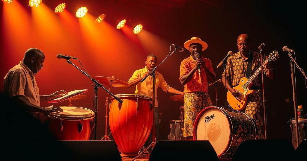 A vibrant scene of a musical performance featuring traditional Ghanaian instruments in warm colors.