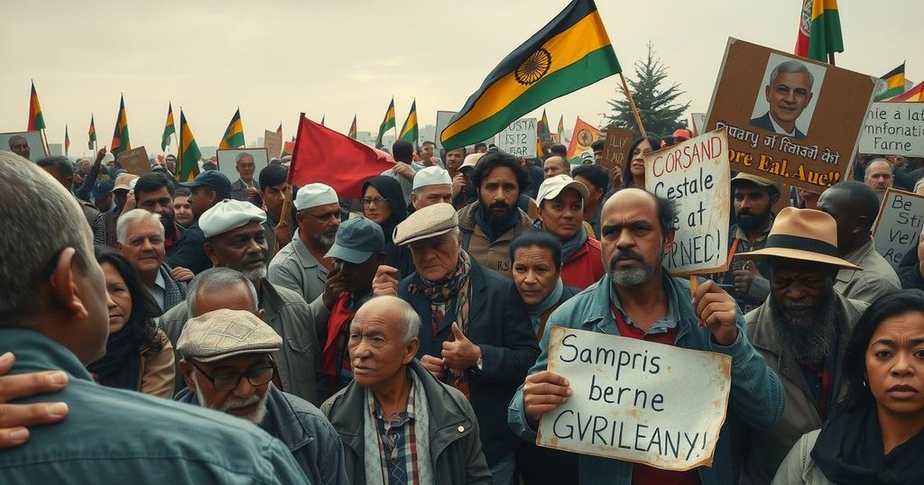 A somber scene of a public gathering with mourners holding flags and signs, symbolizing resistance and unity.