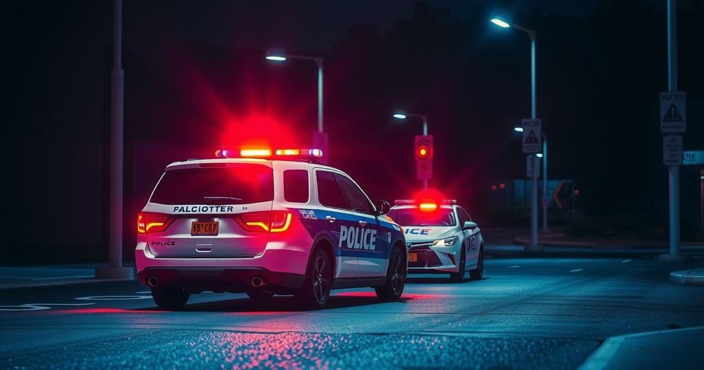 A police vehicle parked at night beside a building with flashing lights, reflecting a tense atmosphere of law enforcement action.