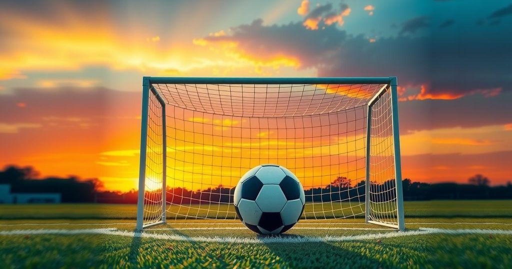 Soccer field with soccer ball and goalpost under a vibrant sunset, showcasing the spirit of competition.